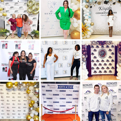 Personalized backdrop examples in different colors and layouts.