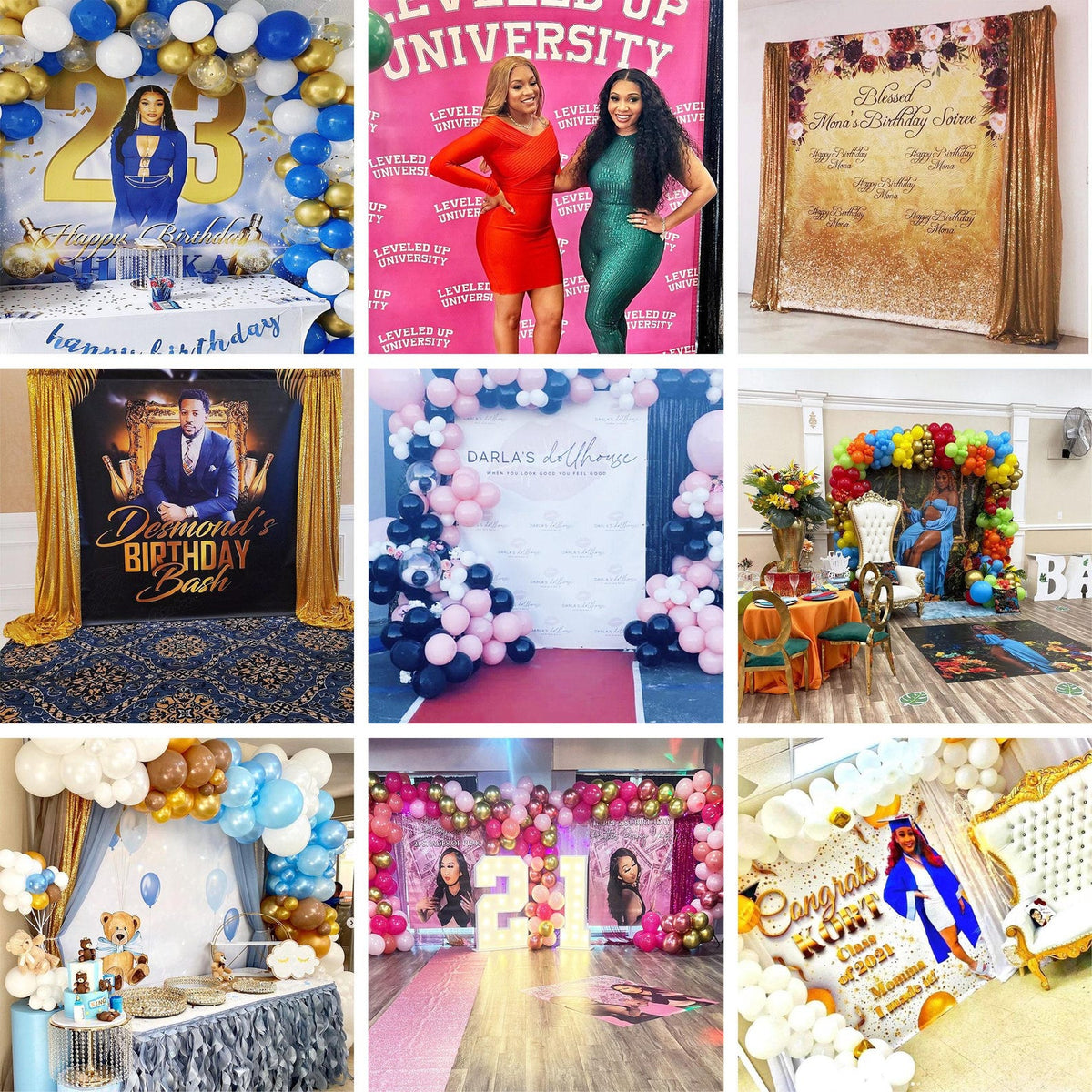Collage of personalized backdrops at birthday parties, graduations and celebrations with different colors, photos and wording.
