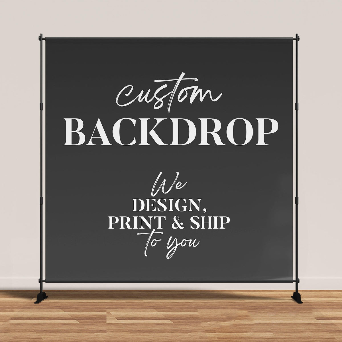 Custom backdrop banner shown on a display stand, with lettering describing the design, print and shipping service. Stand sold separately.