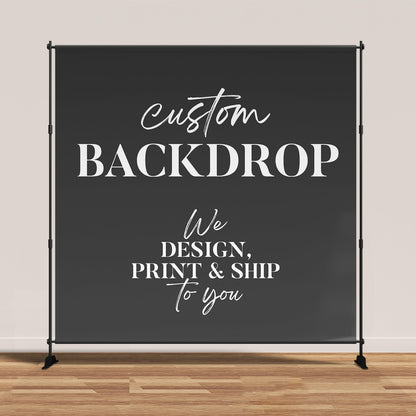 Custom backdrop banner shown on a display stand, with lettering describing the design, print and shipping service. Stand sold separately.