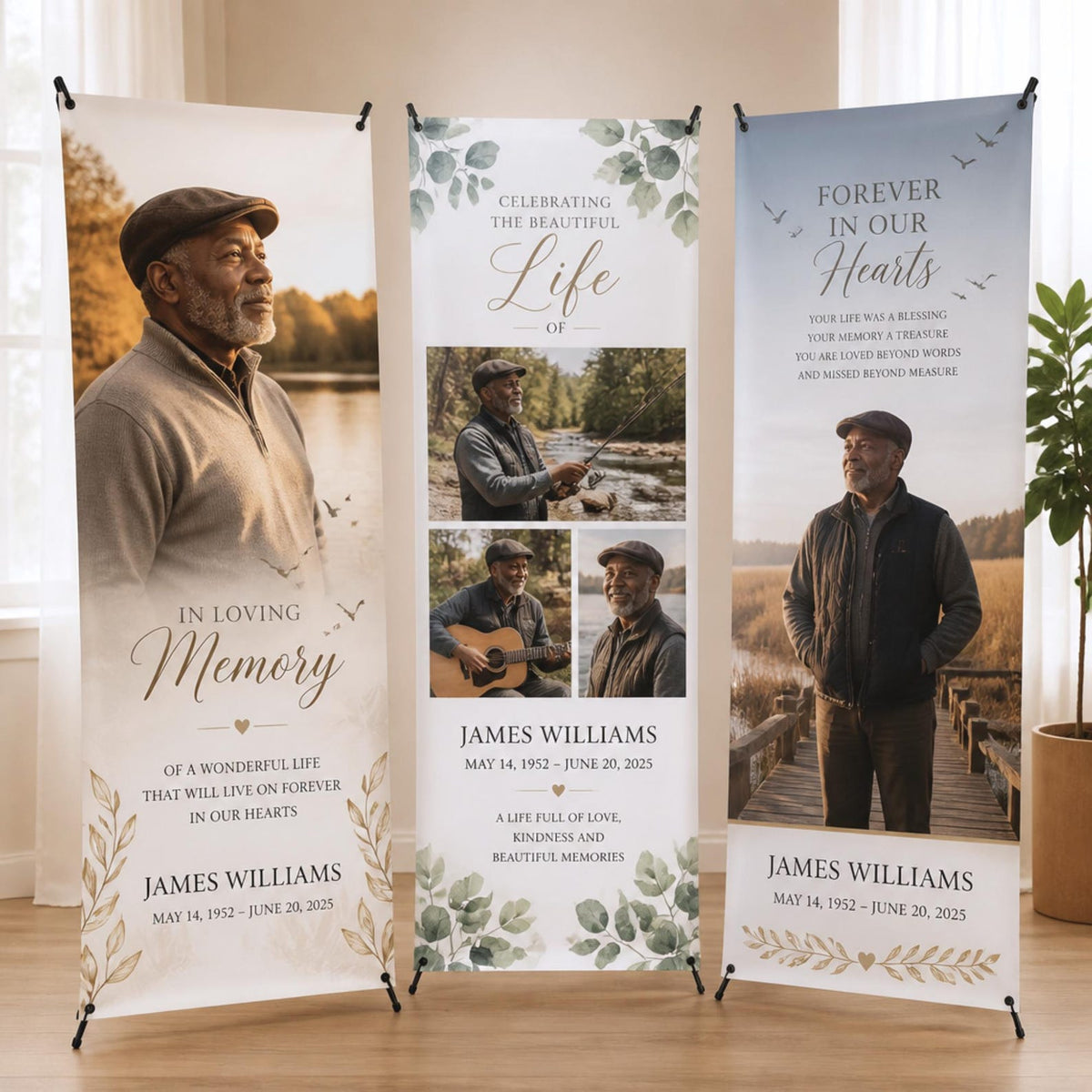 Three coordinating memorial X-banners with portrait photographs, a photo collage and personalized remembrance wording.