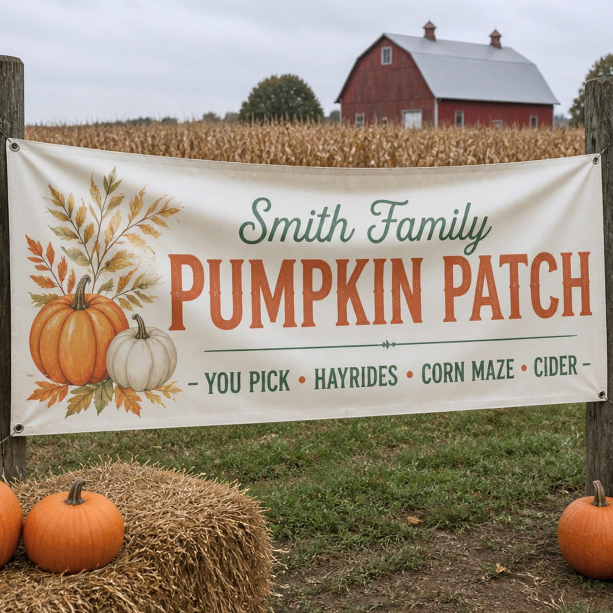 Personalized pumpkin patch banner with orange and white pumpkins, autumn leaves and a farm name, displayed beside a barn.
