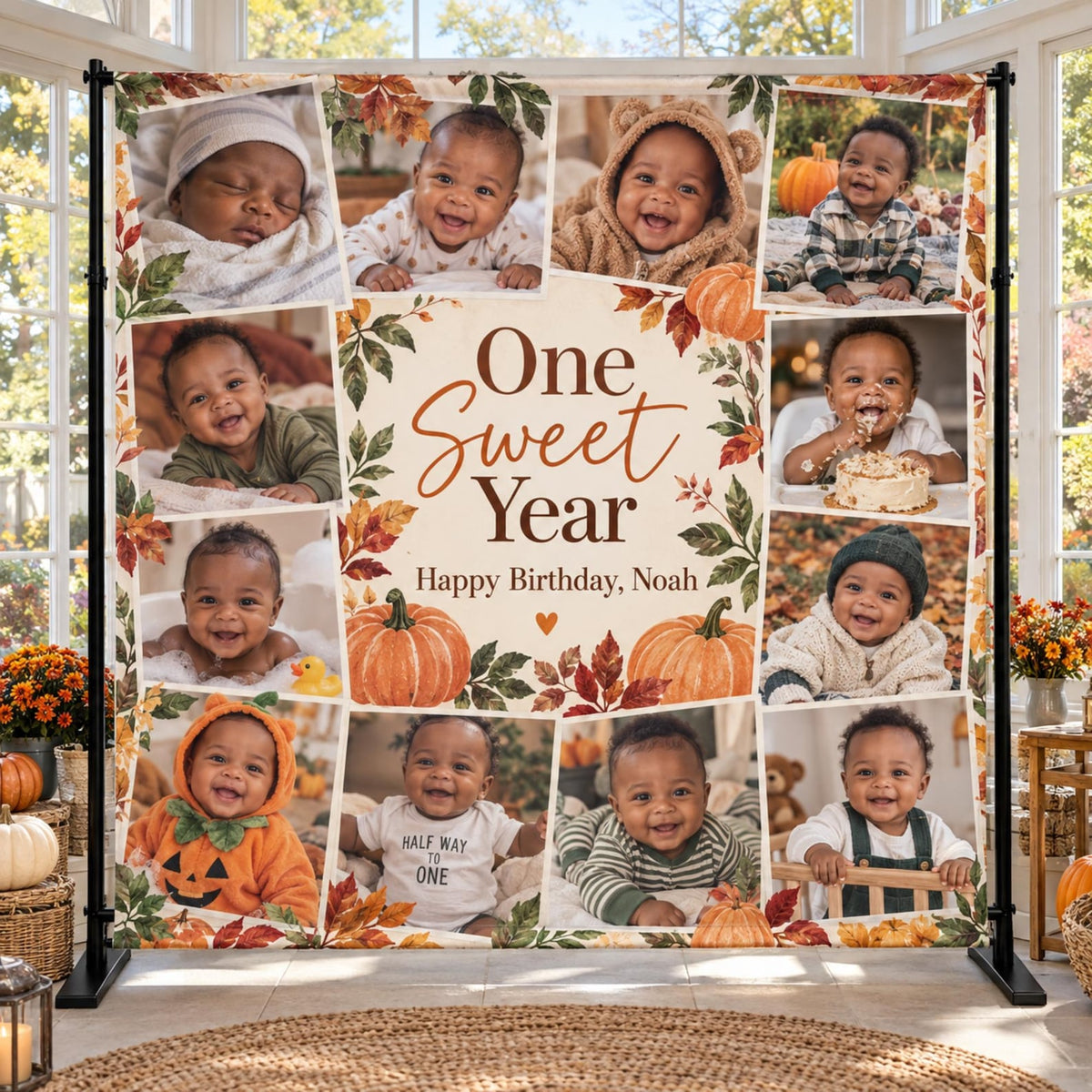 One Sweet Year pumpkin birthday photo collage backdrop with twelve baby photos around the center text.