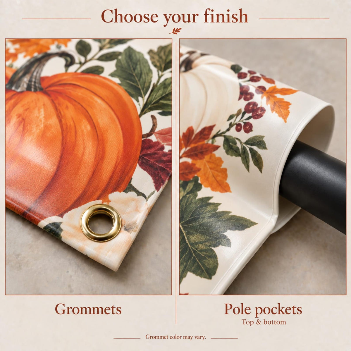 Close-up comparison of a metal grommet and a pole pocket on a pumpkin-print backdrop.