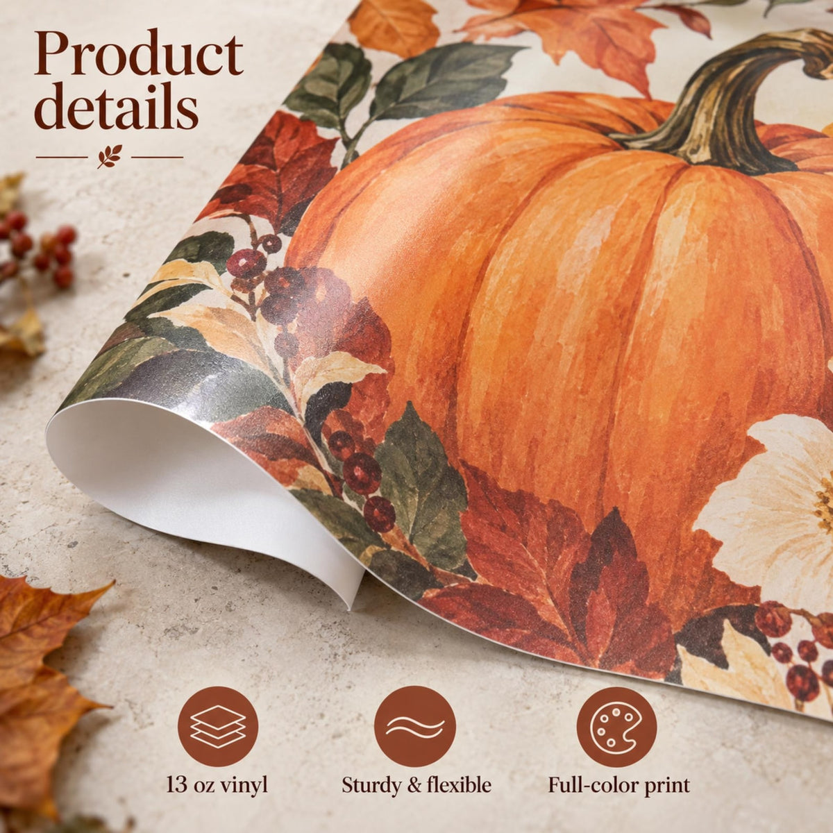 Close-up of flexible pumpkin-print vinyl with material and full-color print information.