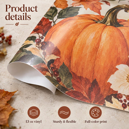 Close-up of flexible pumpkin-print vinyl with material and full-color print information.