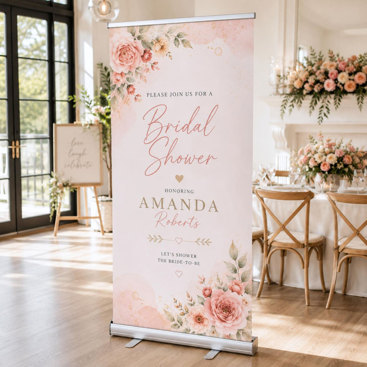 Pink floral bridal shower retractable welcome banner with Amanda's personalized name.