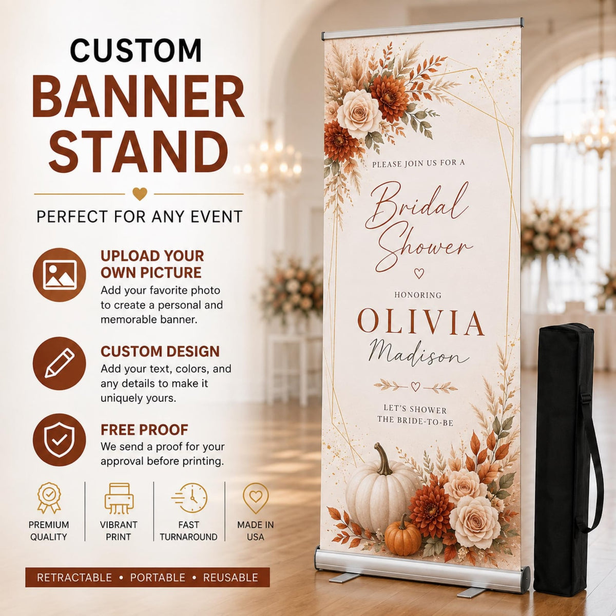 Custom bridal shower banner information showing personalization, proofing, stand and carrying bag.