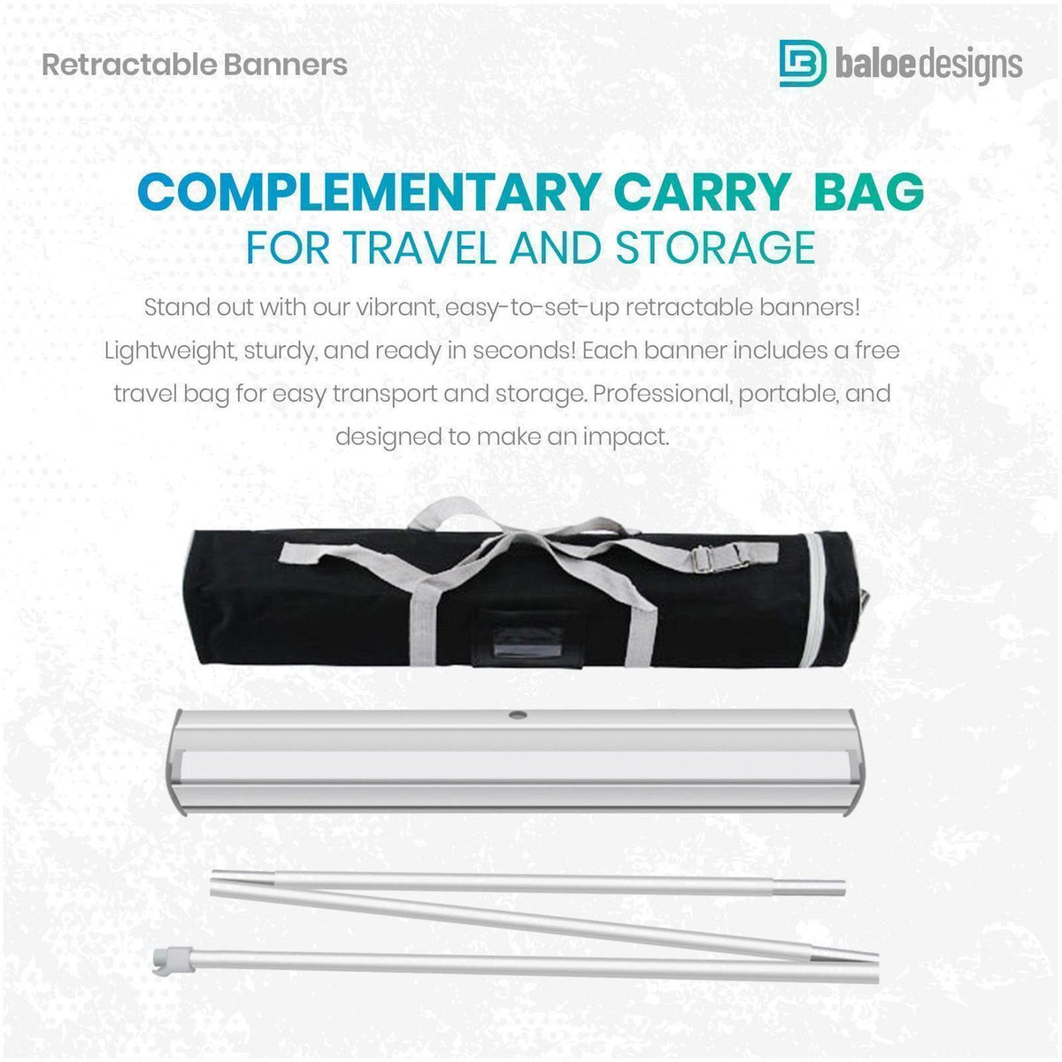 Retractable banner kit showing the carrying bag, silver base and support poles.