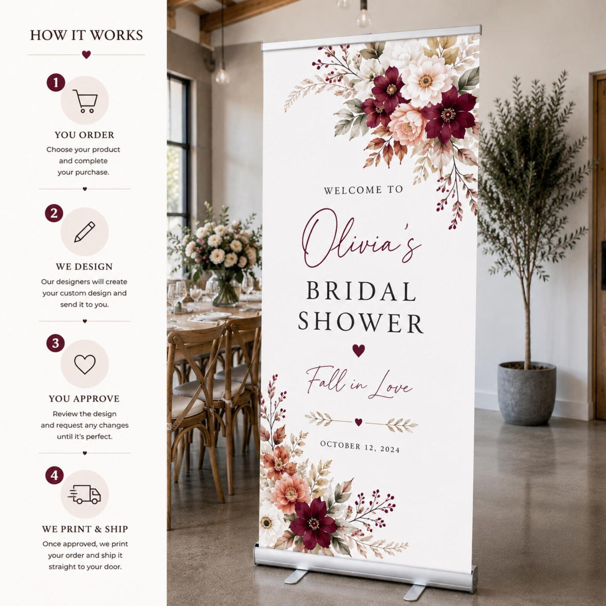 Floral bridal shower banner beside the order, design, approval and print-and-ship process.