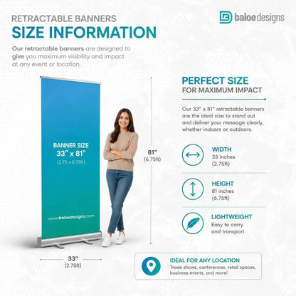 Retractable banner size guide showing 33 inch width and 81 inch height beside a person.
