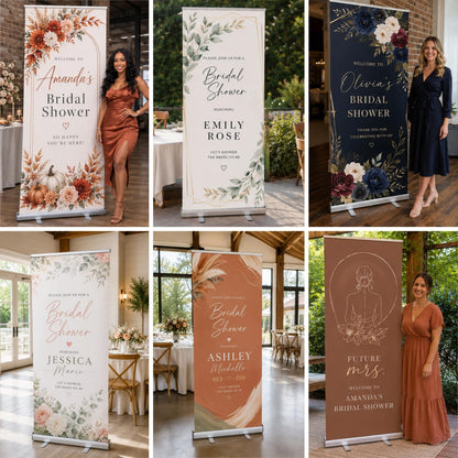 Six bridal shower banner design examples in floral, green, navy and terracotta palettes.
