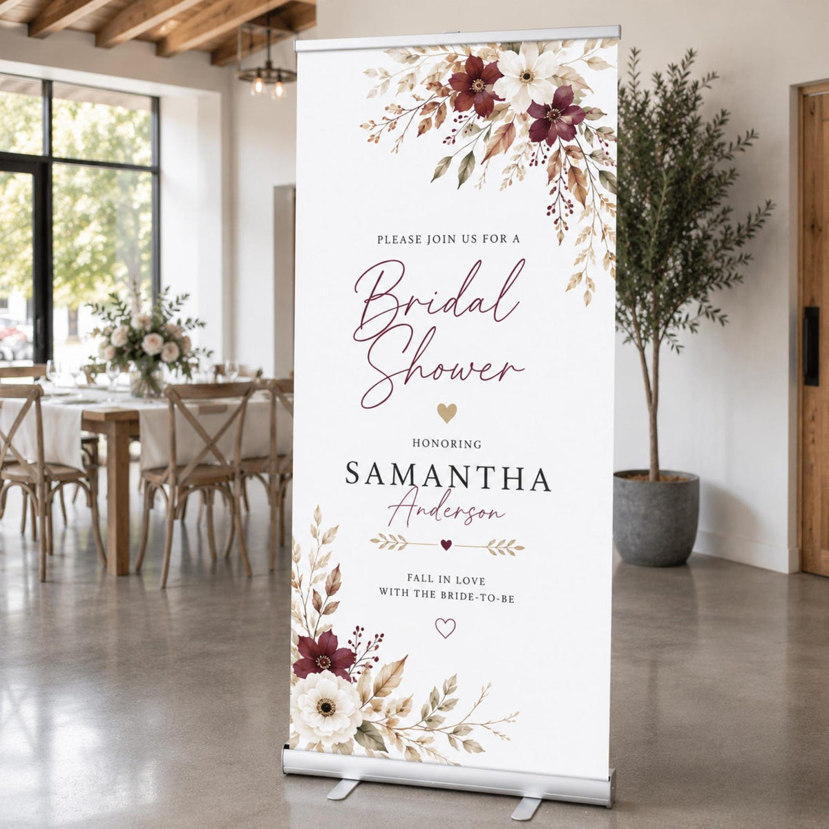 Samantha's bridal shower welcome banner with burgundy flowers and autumn leaves.