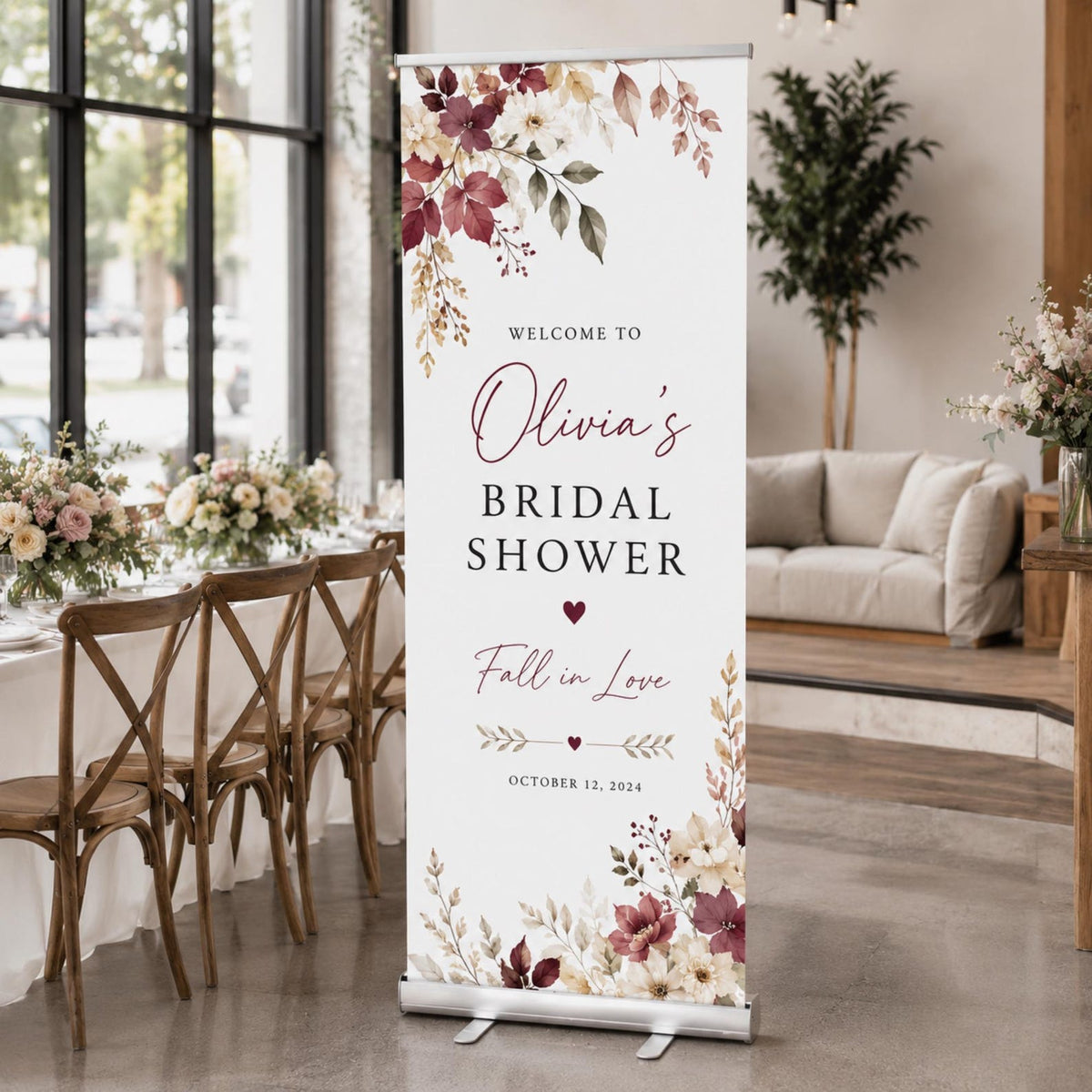 Olivia's Fall in Love bridal shower retractable banner with burgundy and cream flowers.