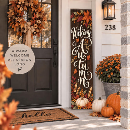Welcome Autumn porch sign with leaves and a white pumpkin — Front door display. Printed wood-look artwork on aluminum.