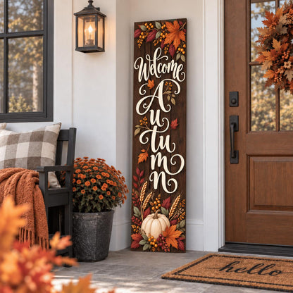Welcome Autumn porch sign with leaves and a white pumpkin — Porch display. Printed wood-look artwork on aluminum.