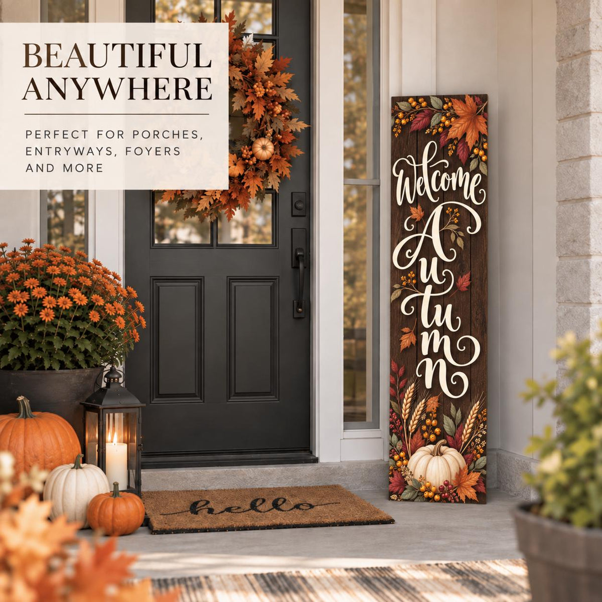 Welcome Autumn porch sign with leaves and a white pumpkin — Printed design detail. Printed wood-look artwork on aluminum.
