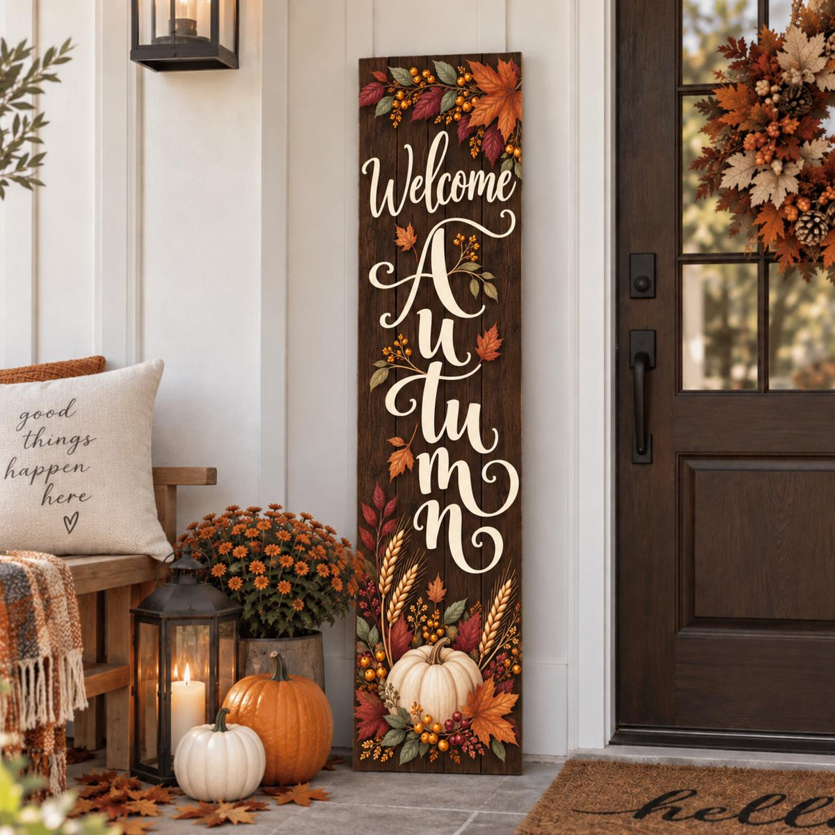 Welcome Autumn porch sign with leaves and a white pumpkin — Seasonal display. Printed wood-look artwork on aluminum.