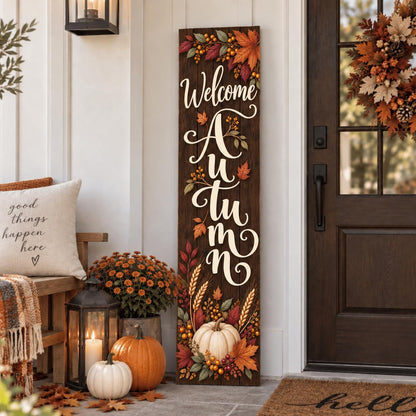 Welcome Autumn porch sign with leaves and a white pumpkin — Seasonal display. Printed wood-look artwork on aluminum.