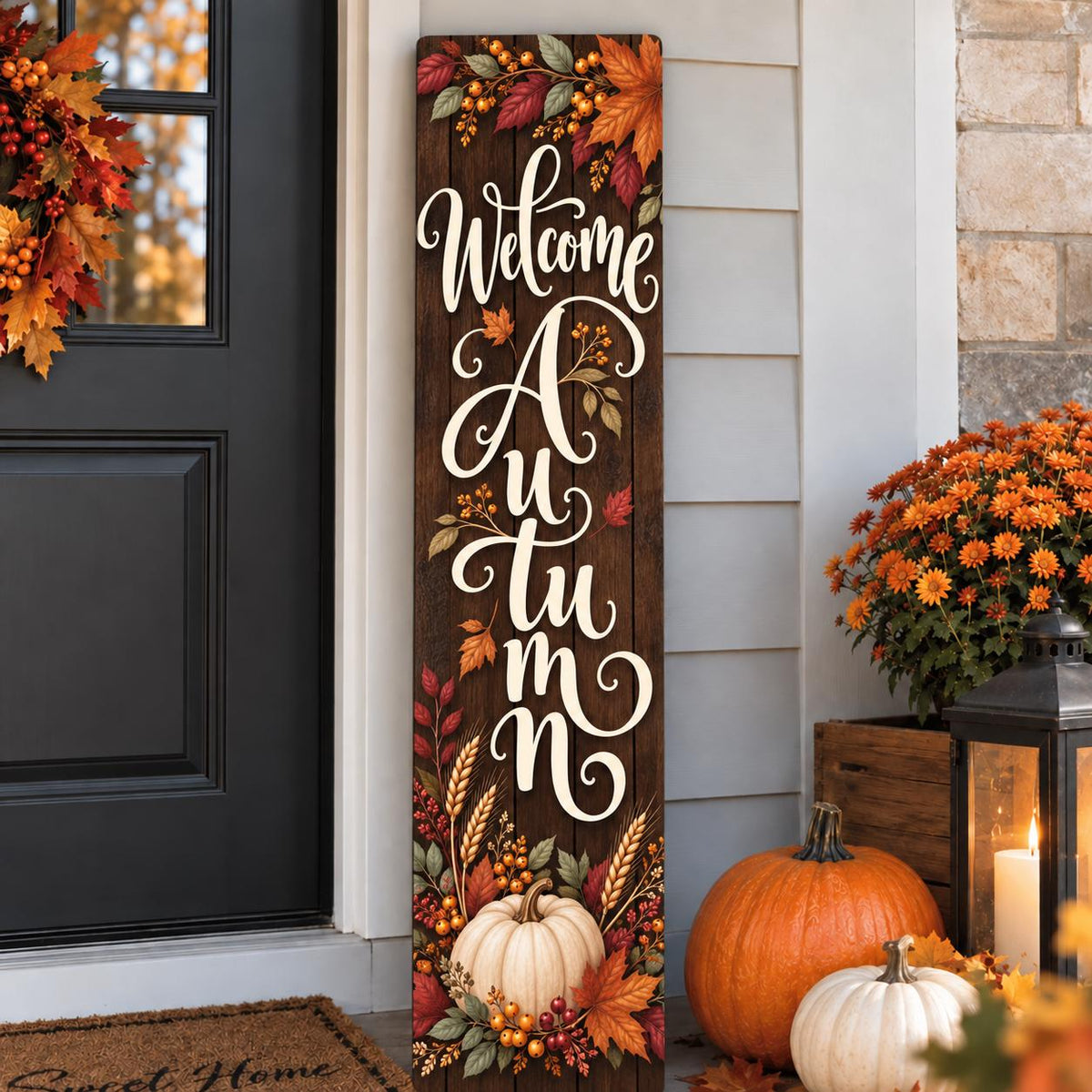 Welcome Autumn porch sign with leaves and a white pumpkin — Design view. Printed wood-look artwork on aluminum.