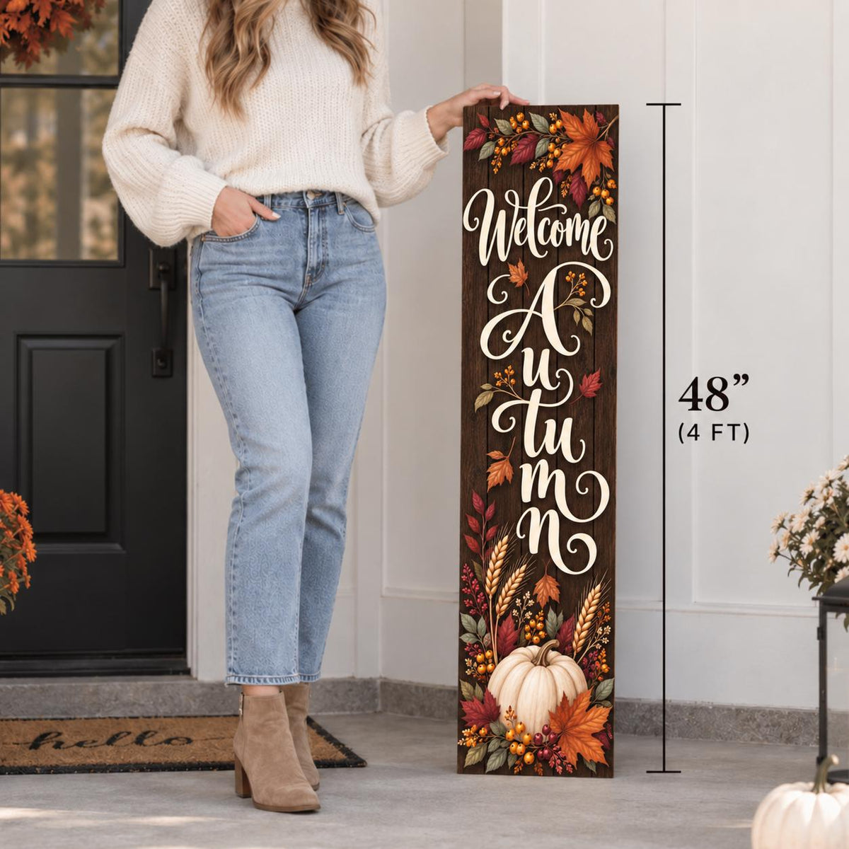 Welcome Autumn porch sign with leaves and a white pumpkin — Height guide. Printed wood-look artwork on aluminum.