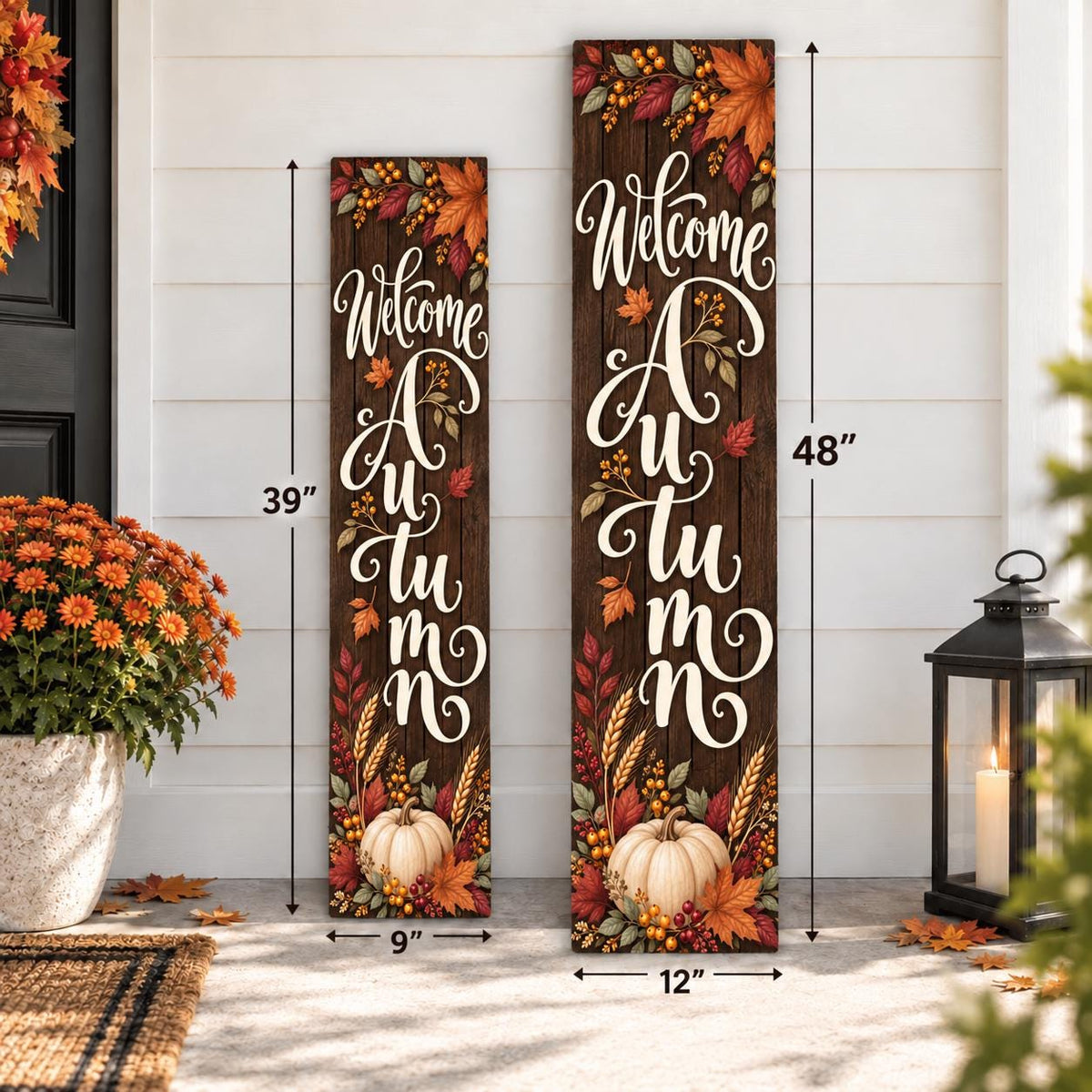 Welcome Autumn porch sign with leaves and a white pumpkin — Two-size comparison. Printed wood-look artwork on aluminum.