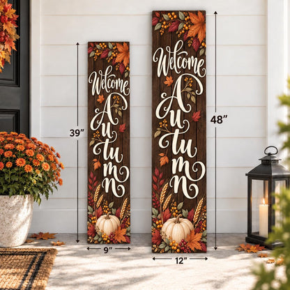 Welcome Autumn porch sign with leaves and a white pumpkin — Two-size comparison. Printed wood-look artwork on aluminum.