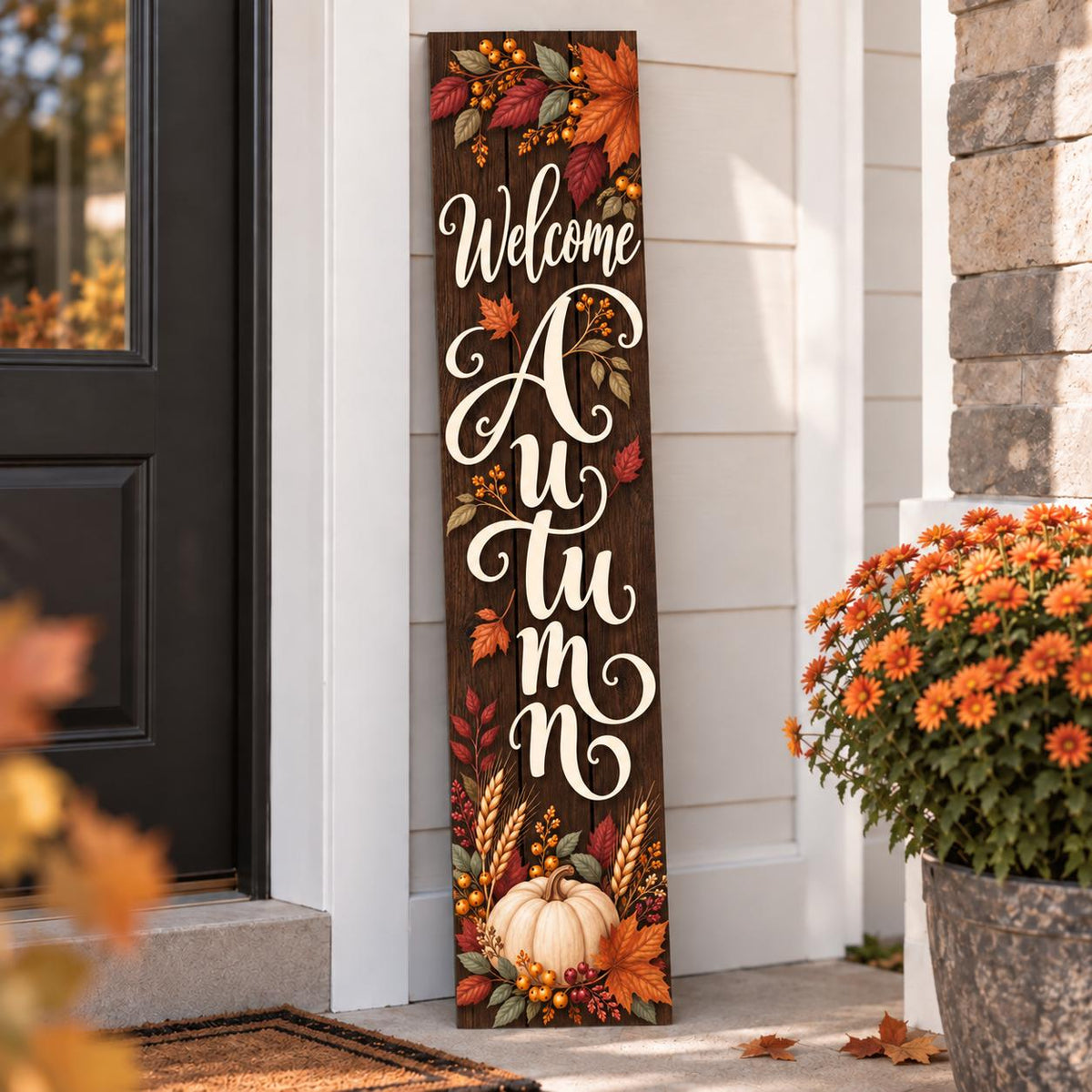 Welcome Autumn porch sign with leaves and a white pumpkin — Design detail. Printed wood-look artwork on aluminum.