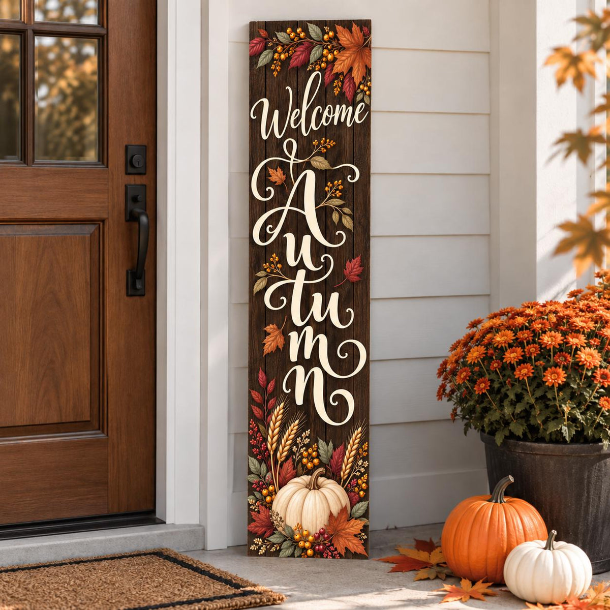 Welcome Autumn porch sign with leaves and a white pumpkin — Full sign view. Printed wood-look artwork on aluminum.