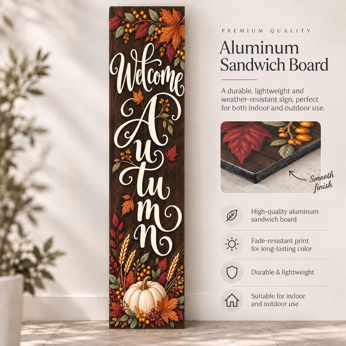 Welcome Autumn porch sign with leaves and a white pumpkin — Aluminum sandwich board material guide. Printed wood-look artwork on aluminum.