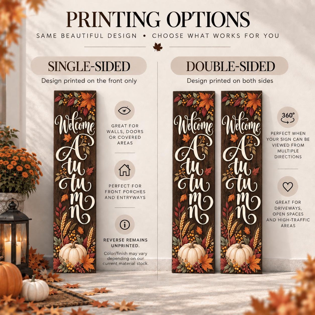 Welcome Autumn porch sign with leaves and a white pumpkin — Single-sided and double-sided printing guide. Printed wood-look artwork on aluminum.