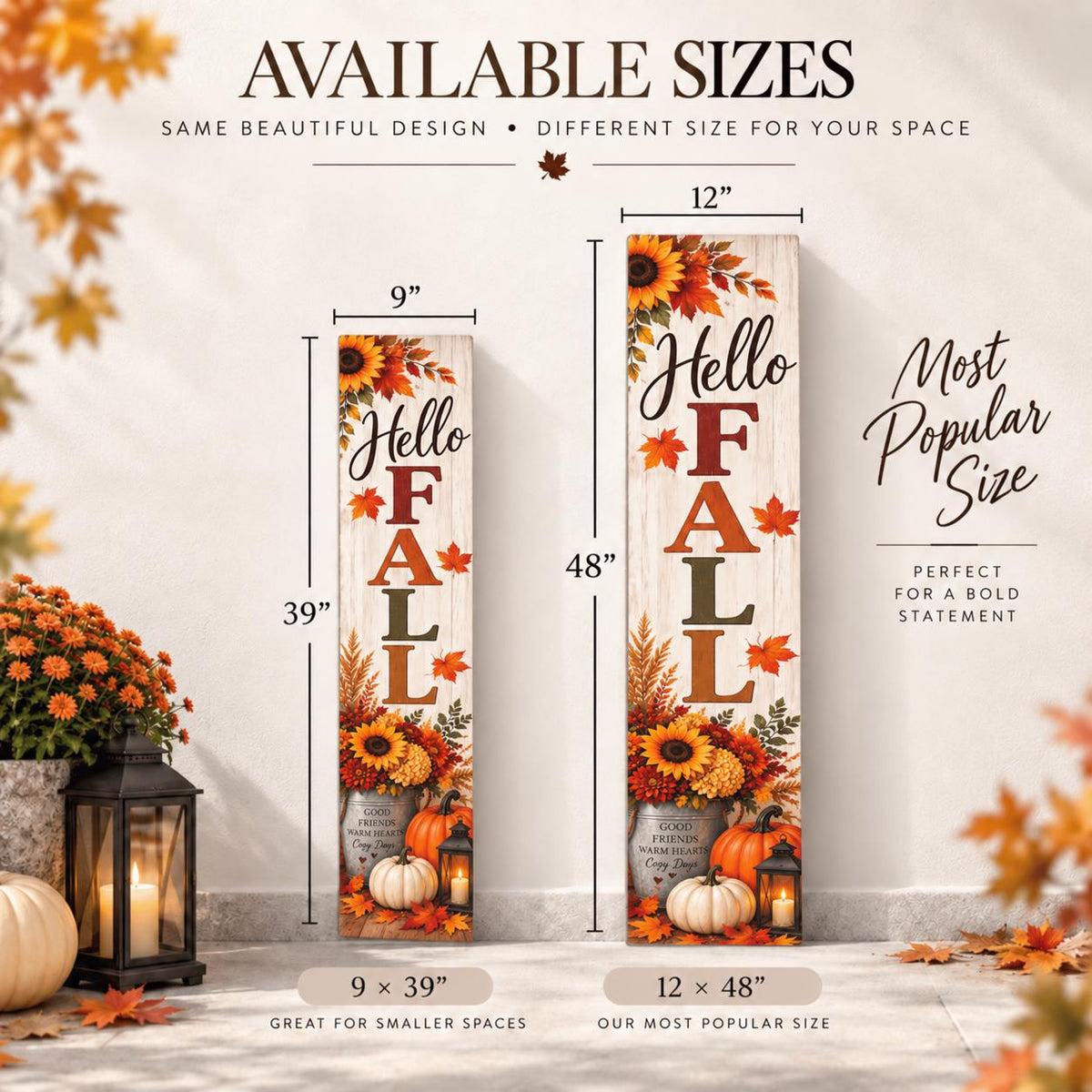 Hello Fall porch sign with sunflowers and a pumpkin bucket — Size comparison. Printed wood-look artwork on aluminum.