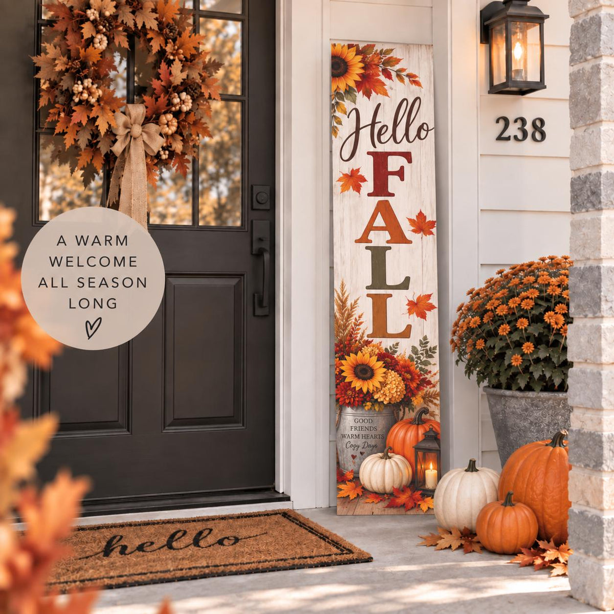 Hello Fall porch sign with sunflowers and a pumpkin bucket — Front door display. Printed wood-look artwork on aluminum.