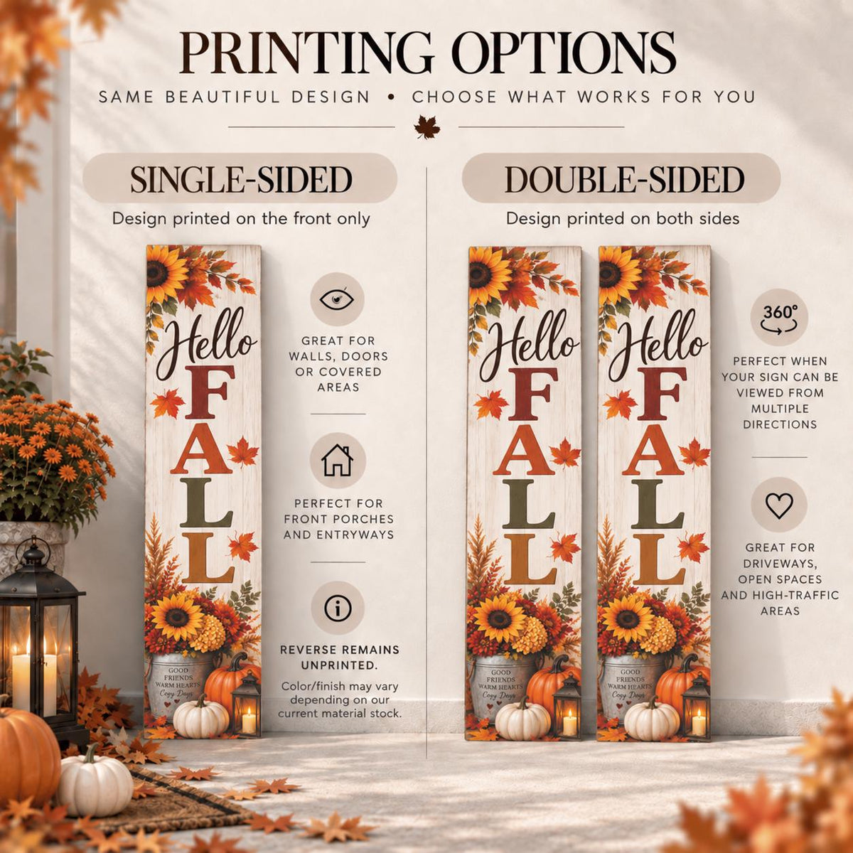 Hello Fall porch sign with sunflowers and a pumpkin bucket — Single-sided and double-sided printing guide. Printed wood-look artwork on aluminum.