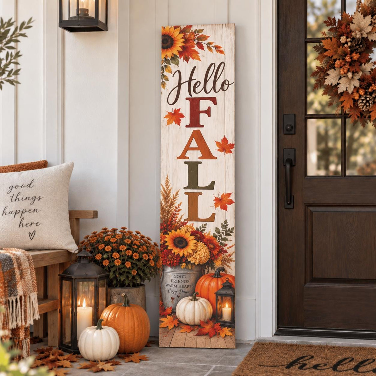 Hello Fall porch sign with sunflowers and a pumpkin bucket — Artwork detail. Printed wood-look artwork on aluminum.