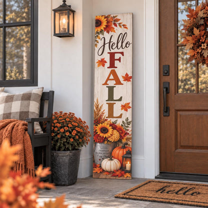 Hello Fall porch sign with sunflowers and a pumpkin bucket — Seasonal display. Printed wood-look artwork on aluminum.