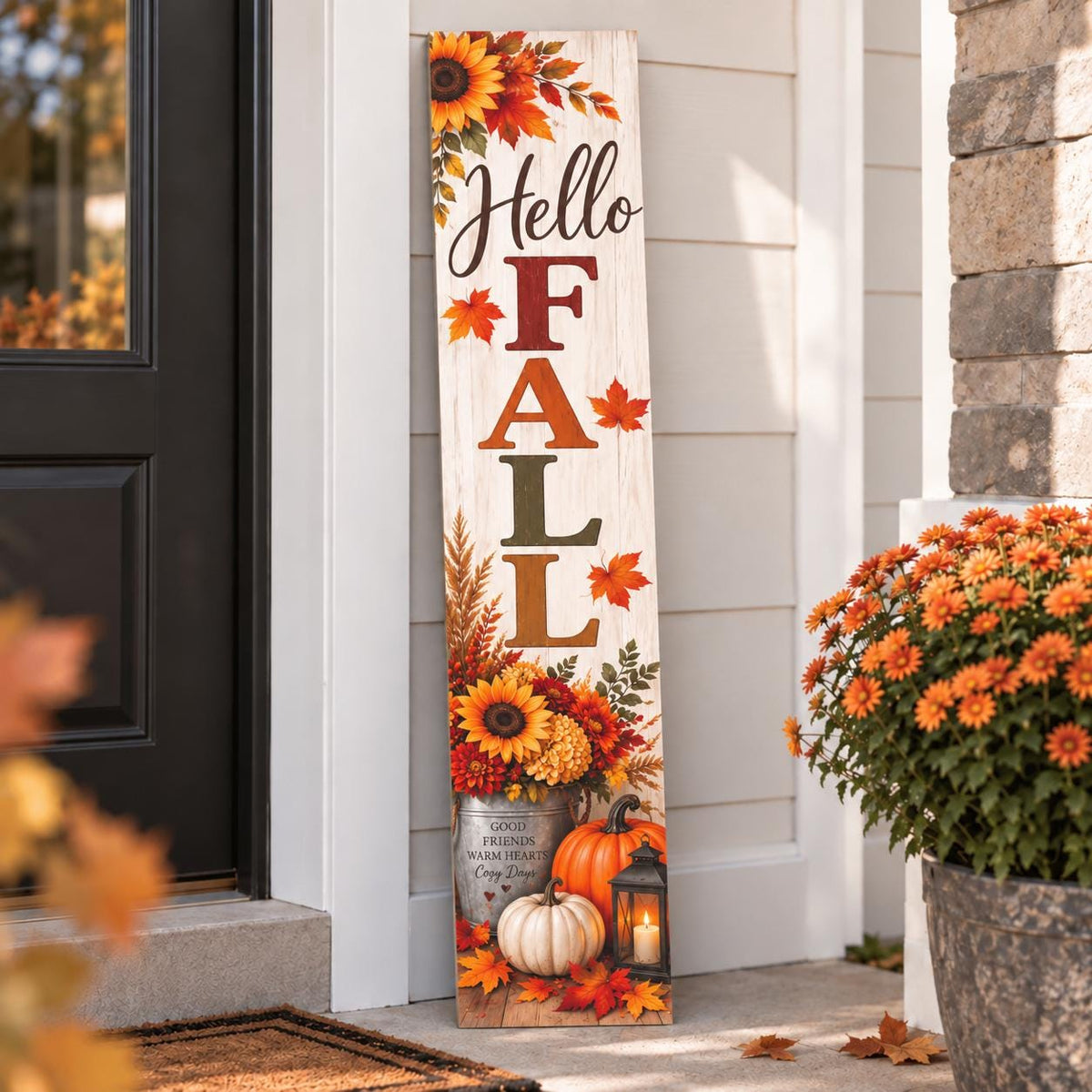 Hello Fall porch sign with sunflowers and a pumpkin bucket — Design view. Printed wood-look artwork on aluminum.