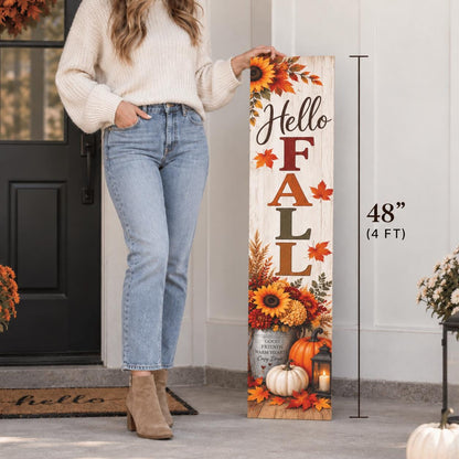 Hello Fall porch sign with sunflowers and a pumpkin bucket — Height guide. Printed wood-look artwork on aluminum.