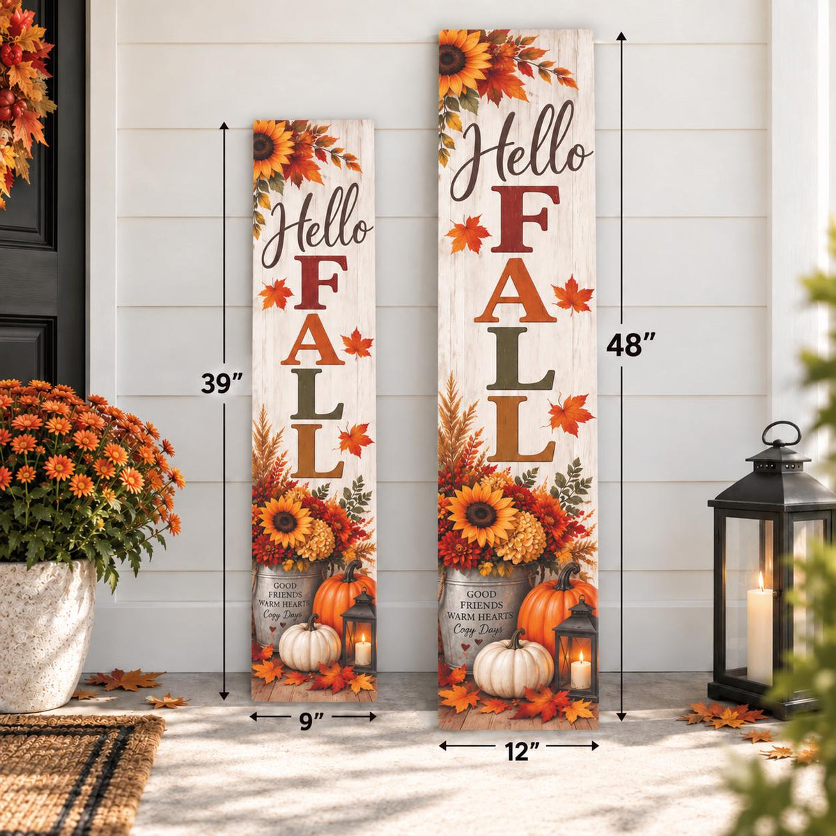 Hello Fall porch sign with sunflowers and a pumpkin bucket — Two-size comparison. Printed wood-look artwork on aluminum.