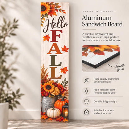 Hello Fall porch sign with sunflowers and a pumpkin bucket — Aluminum sandwich board material guide. Printed wood-look artwork on aluminum.