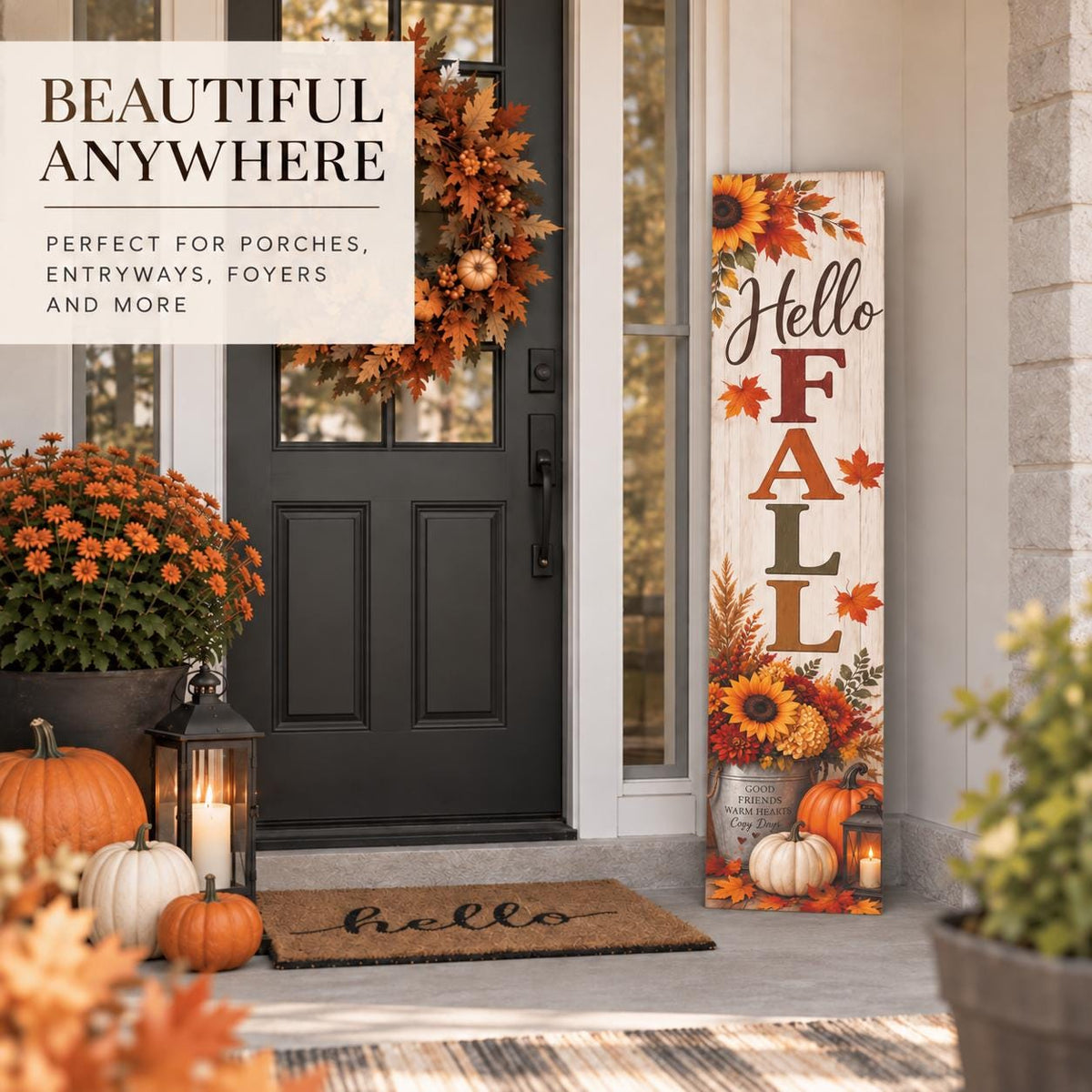 Hello Fall porch sign with sunflowers and a pumpkin bucket — Full sign view. Printed wood-look artwork on aluminum.