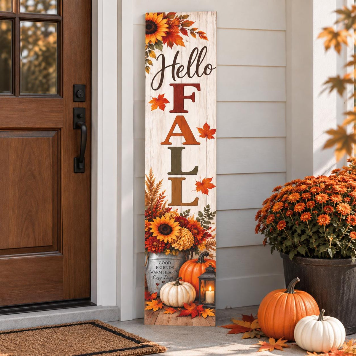 Hello Fall porch sign with sunflowers and a pumpkin bucket — Porch display. Printed wood-look artwork on aluminum.