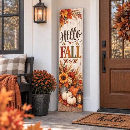 Hello Fall porch sign with harvest leaves and pumpkins — Porch display. Printed wood-look artwork on aluminum.