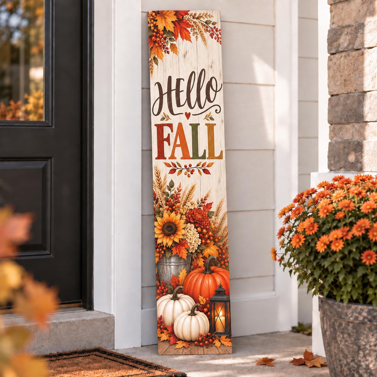 Hello Fall porch sign with harvest leaves and pumpkins — Seasonal display. Printed wood-look artwork on aluminum.