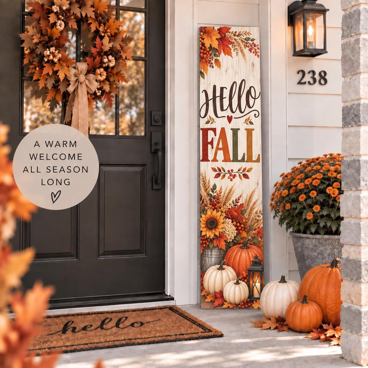Hello Fall porch sign with harvest leaves and pumpkins — Front door display. Printed wood-look artwork on aluminum.