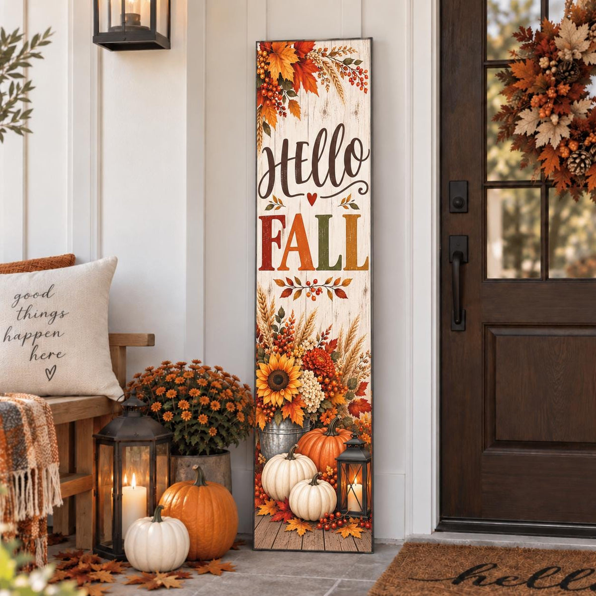 Hello Fall porch sign with harvest leaves and pumpkins — Printed design detail. Printed wood-look artwork on aluminum.