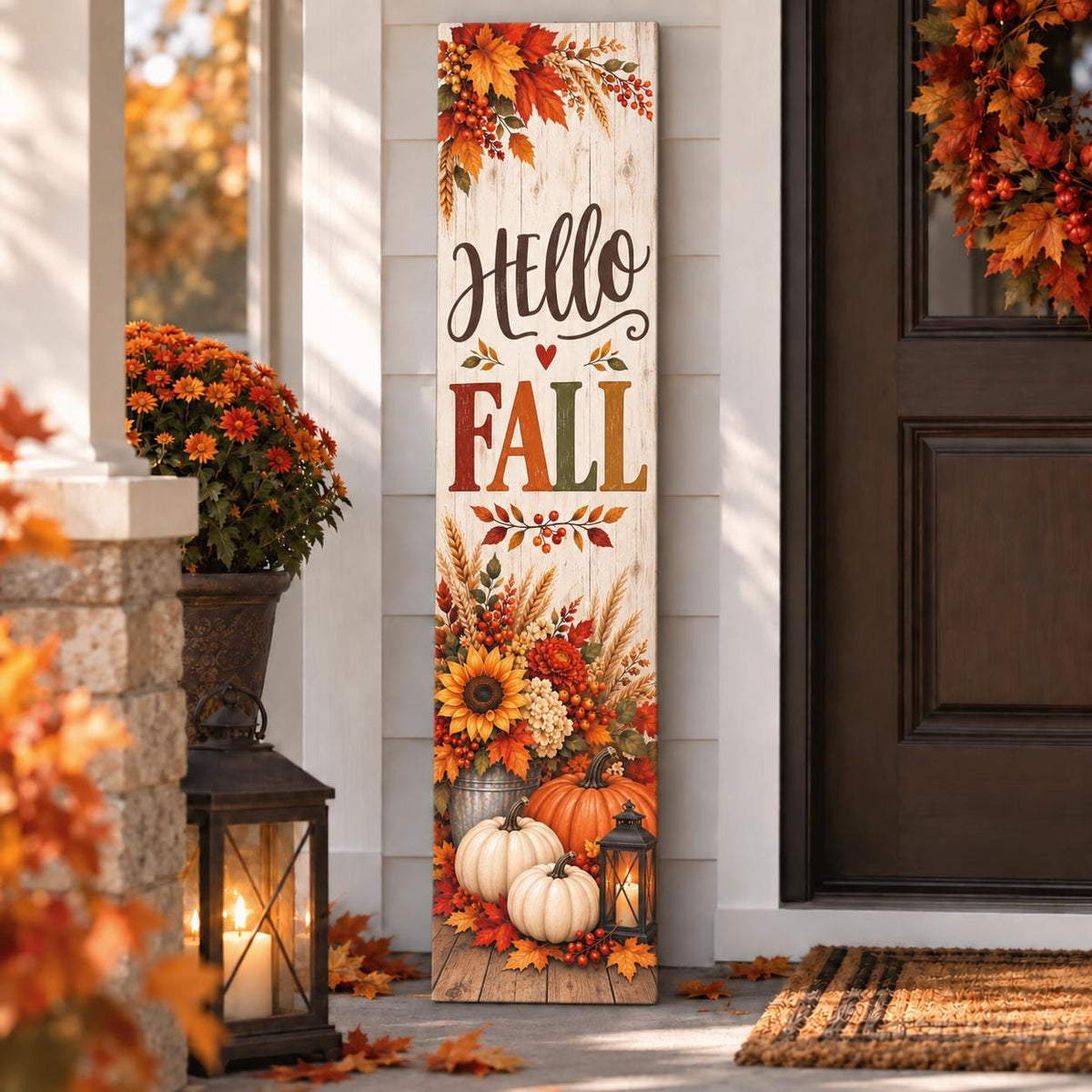Hello Fall porch sign with harvest leaves and pumpkins — Design view. Printed wood-look artwork on aluminum.