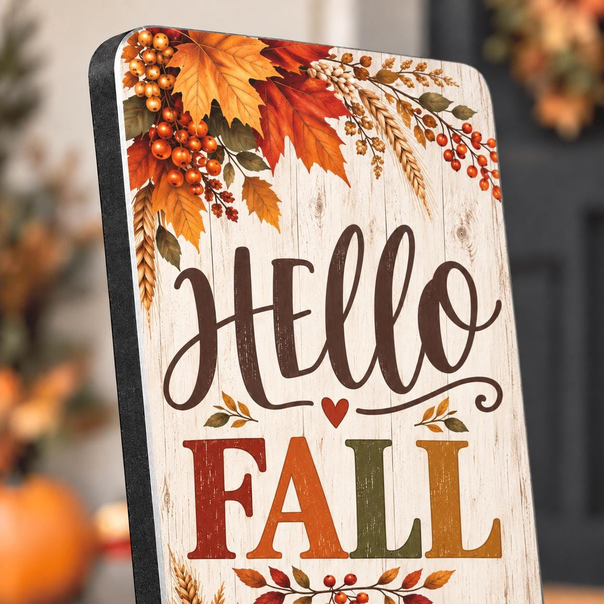 Hello Fall porch sign with harvest leaves and pumpkins — Printed artwork close-up. Printed wood-look artwork on aluminum.