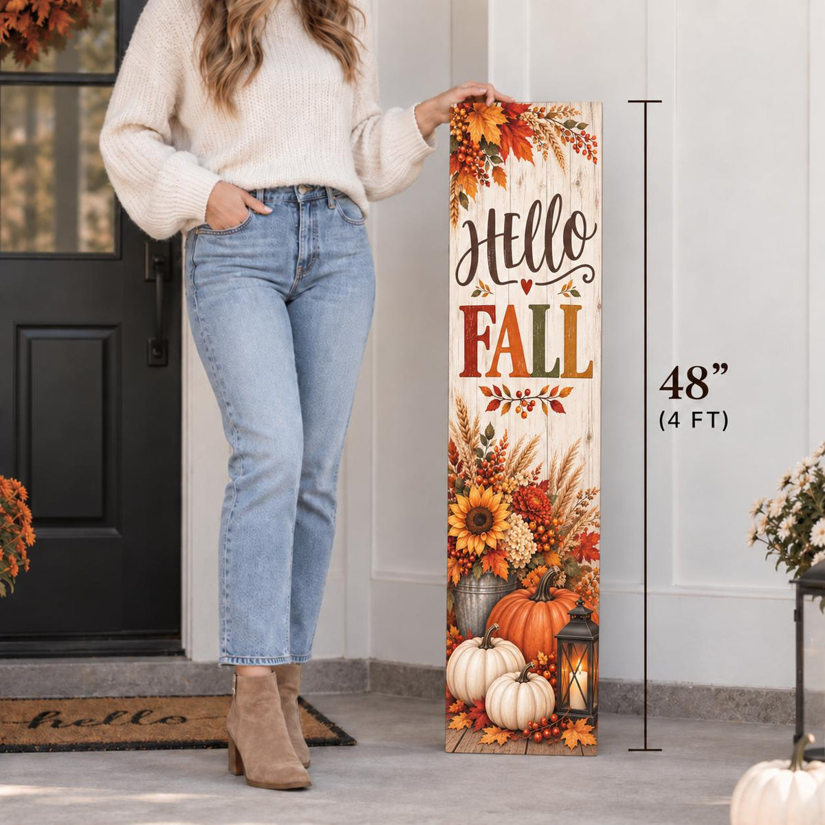 Hello Fall porch sign with harvest leaves and pumpkins — Height guide. Printed wood-look artwork on aluminum.