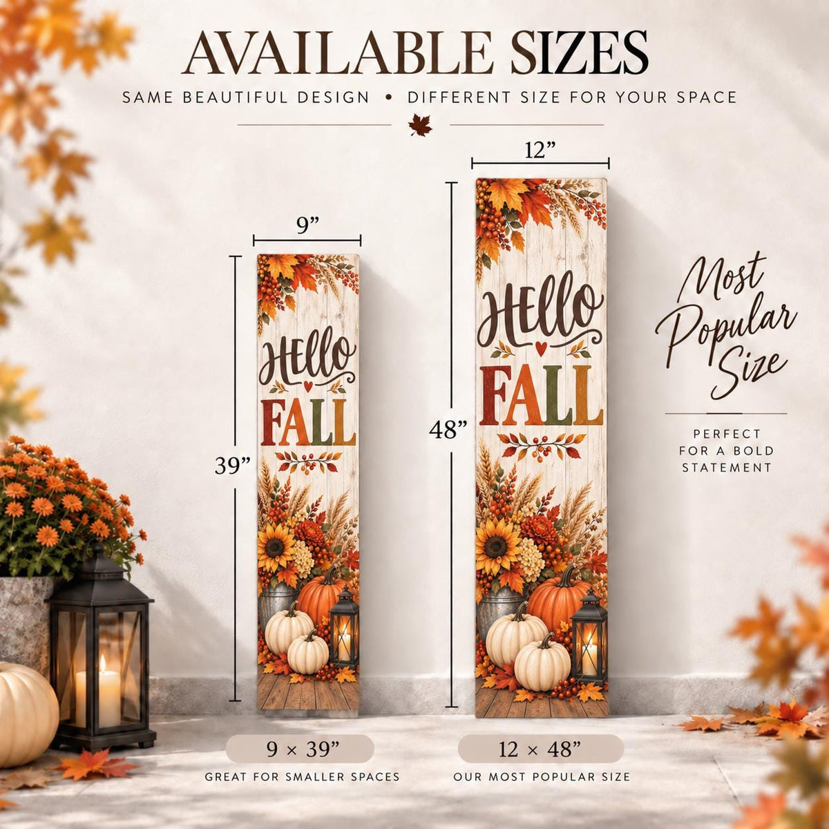 Hello Fall porch sign with harvest leaves and pumpkins — Two-size comparison. Printed wood-look artwork on aluminum.